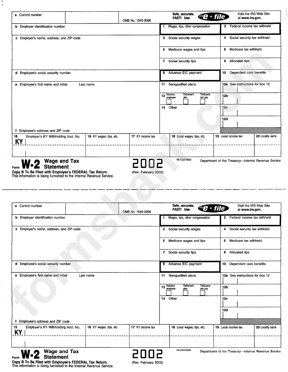Form W-2 - Wage And Tax Statement - 2002, Form K-2 - Wage And Tax Statement