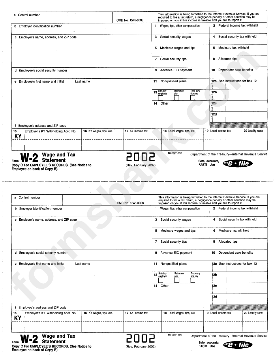 Form W-2 - Wage And Tax Statement - 2002, Form K-2 - Wage And Tax Statement