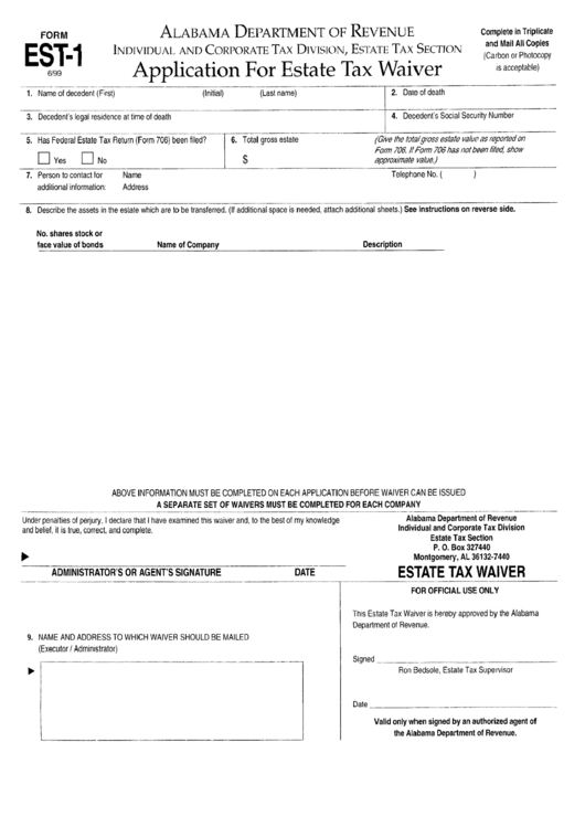 Form Est-1 - Application For Estate Tax Waiver - Alabama Department Of Revenue Printable pdf