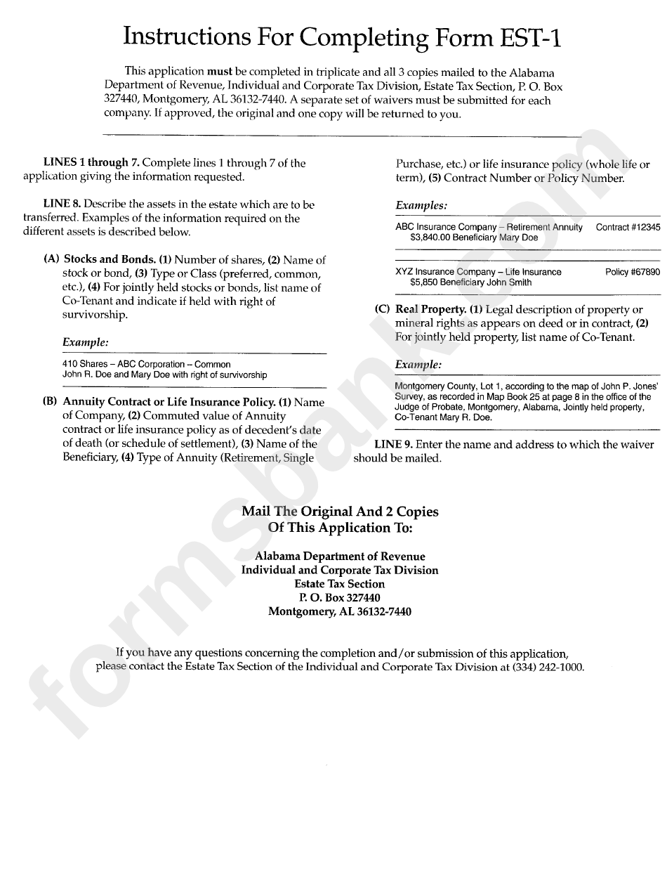 Form Est-1 - Application For Estate Tax Waiver - Alabama Department Of Revenue