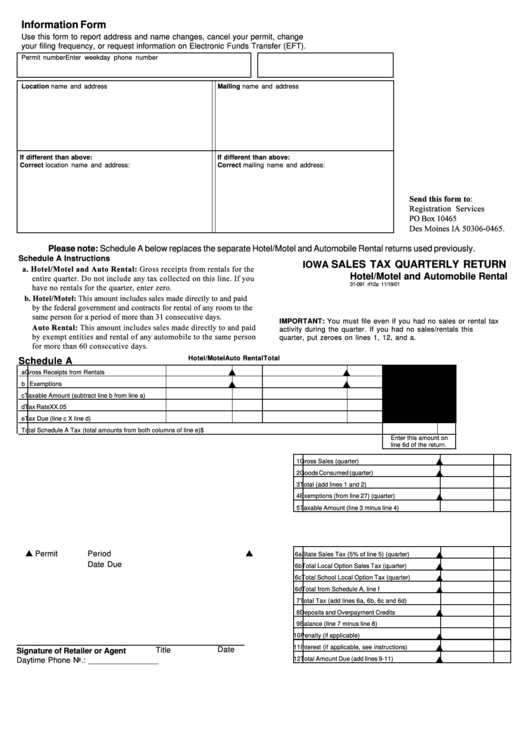 Form 31-091 Rf12a - Iowa Sales Tax Quarterly Return Hotel/motel And Automobile Rental - 2001 Printable pdf