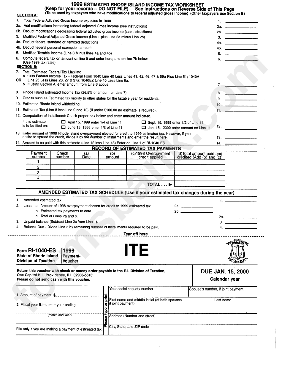 Form Ri-1040-Es - 1999 Payment Voucher