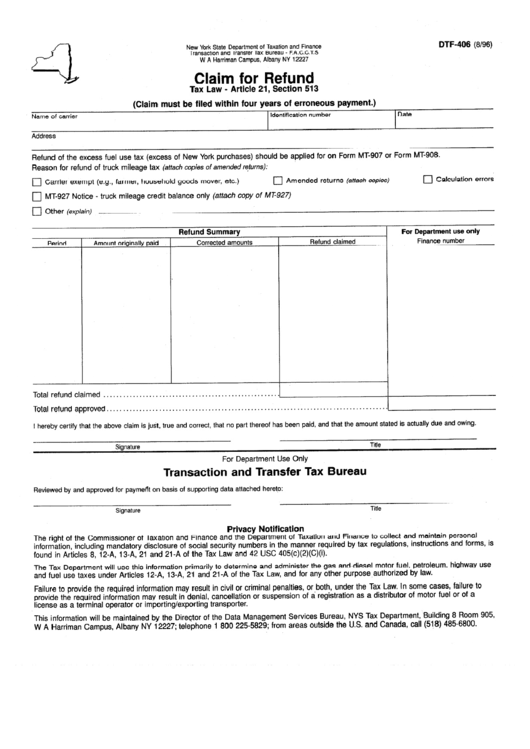Form Dtf-406 - Claim For Refund Printable pdf
