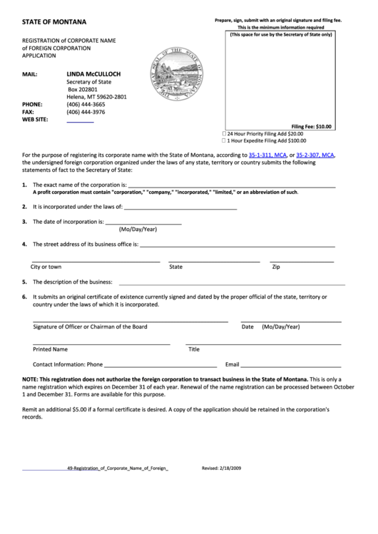 Registration Of Corporate Name Of Foreign Corporation Application - Montana Secretary Of State Printable pdf