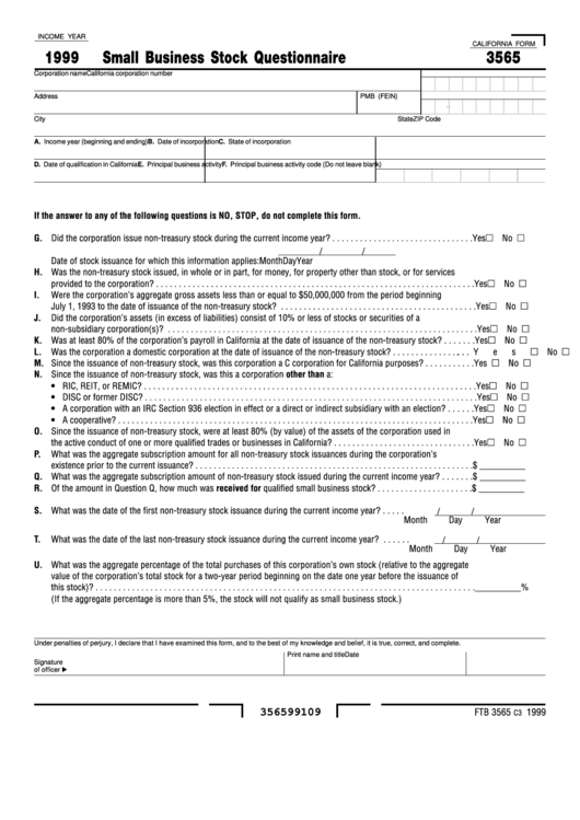 California Form 3565 - Small Business Stock Questionnaire - 1999 Printable pdf