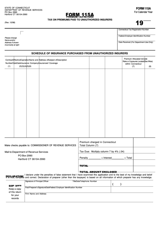Fillable Form 115a - Premium Tax Return Tax On Premiums Paid To Unauthorized Insurers Printable pdf