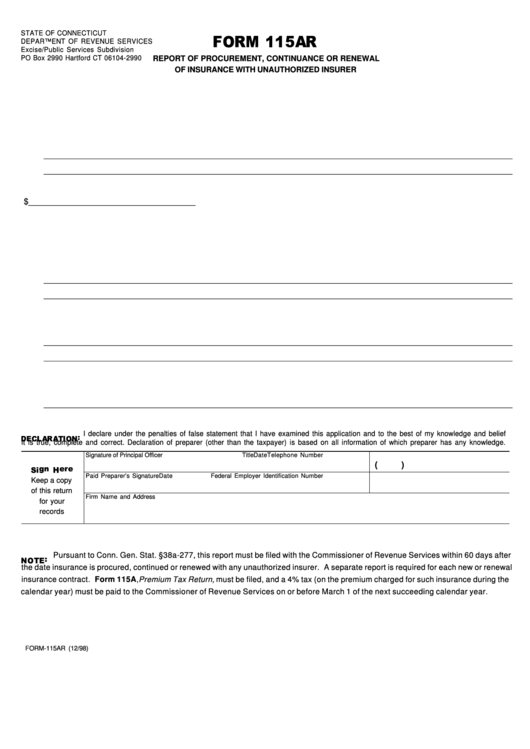 Fillable Form 115ar - Report Of Procurement, Continuance Or Renewal Of Insurance With Unauthorized Insurer Printable pdf
