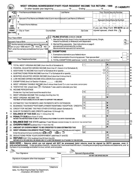 Form It-140nr/py - West Virginia Nonresident/part-Year Resident Income Tax Return - 1999 Printable pdf