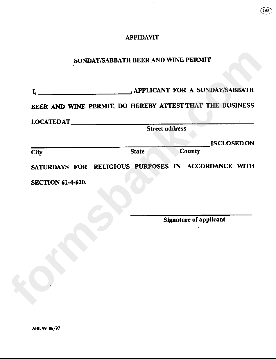 Form Abl 99 - Affidavit Sunday/sabbath Beer And Wine Permit