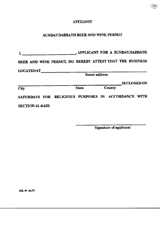 Form Abl 99 - Affidavit Sunday/sabbath Beer And Wine Permit Printable pdf