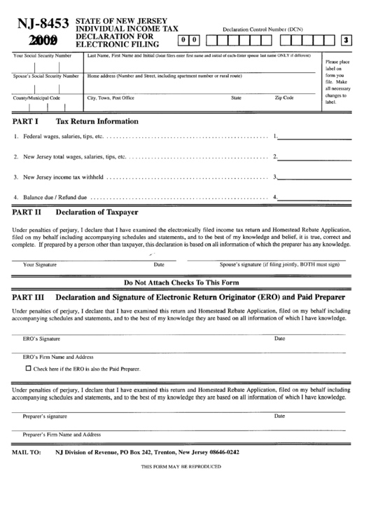 Form Nj-8453 - State Of New Jersey Individual Income Tax Declaration For Electronic Filing - 2002 Printable pdf