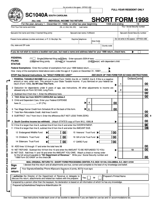Fillable Form Sc1040a - Individual Income Tax Return - Short Form - 1998 Printable pdf