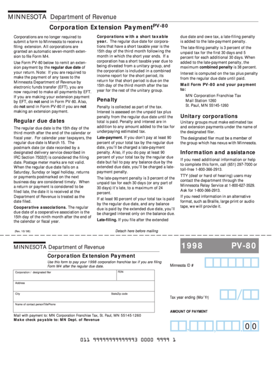 Fillable Form Pv-80 - Corporation Extension Payment -Minnesota Department Of Revenue -1998 Printable pdf