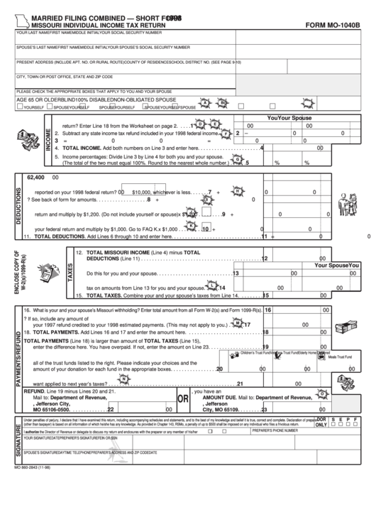 Fillable Form Mo-1040b - Missouri Individual Income Tax Return Married Filing Combined - Short Form - 1998 Printable pdf
