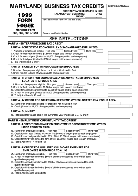 Form 500cr - Business Tax Credits - 1999 printable pdf download