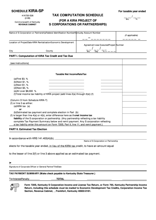 Shedule Kira-Sp (Form 41a720-S26) - Tax Computation Shedule (For Kira Project Of S Corporations Of Partnerships) Printable pdf