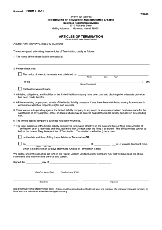 Form Llc-11 - Articles Of Termination - 2000 Printable pdf