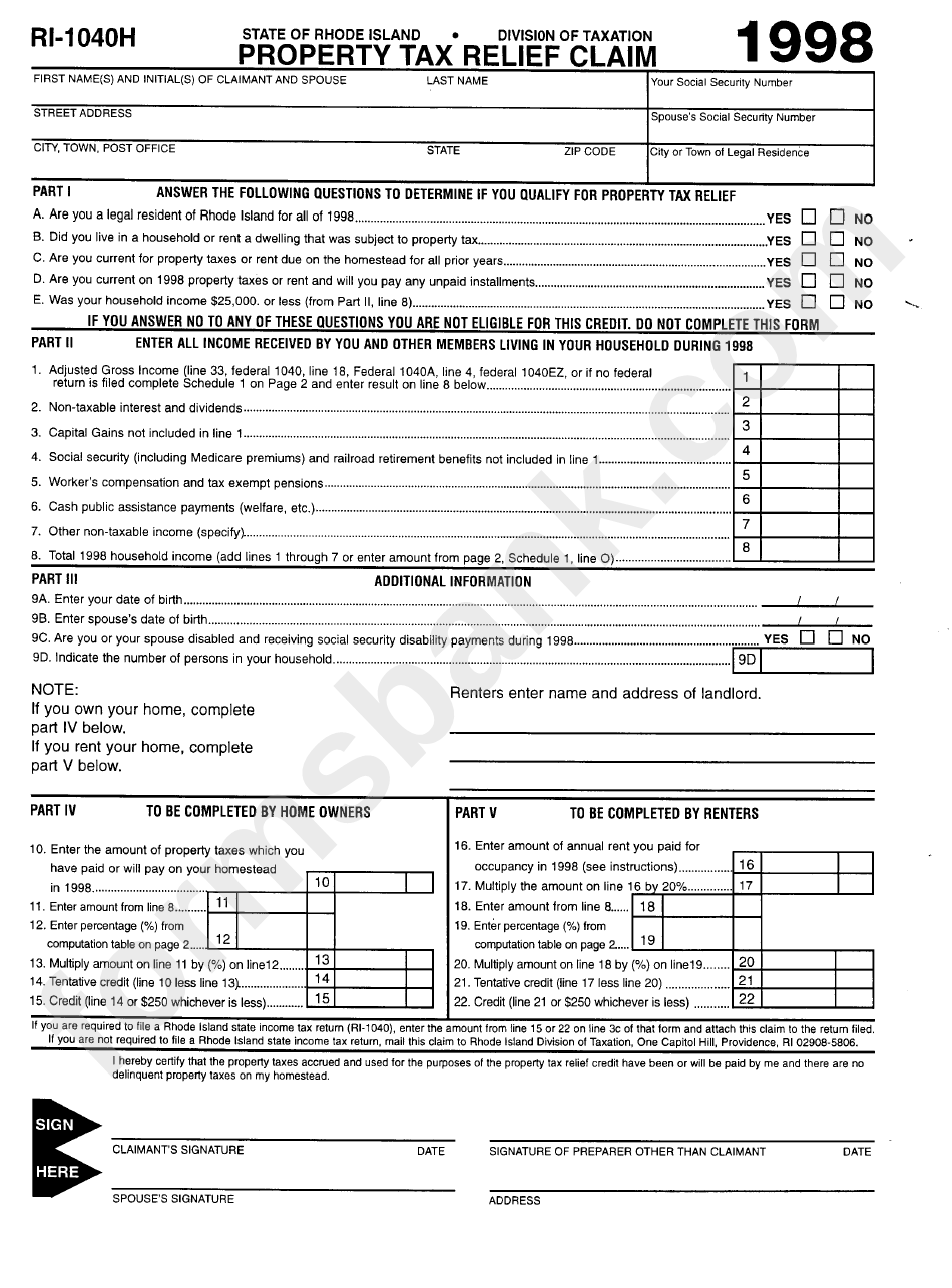 Form Ri-1040h - Property Tax Relief Claim - 1998