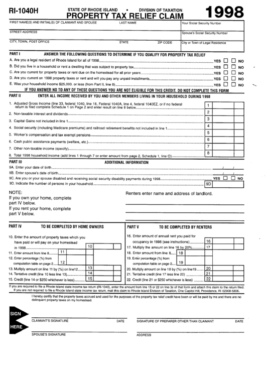 Fillable Form Ri-1040h - Property Tax Relief Claim - 1998 Printable pdf