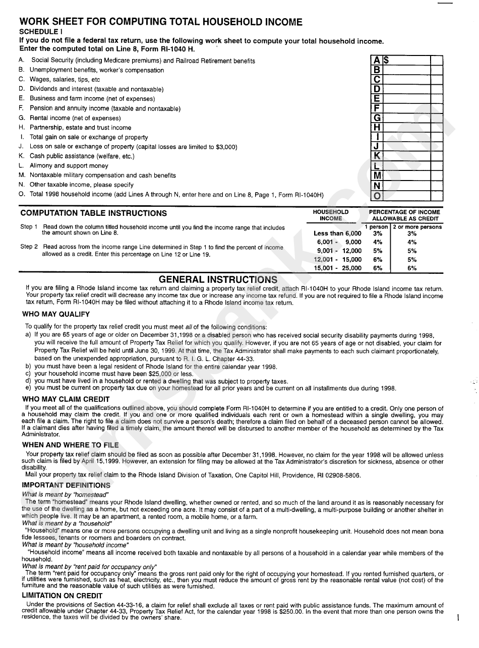 Form Ri-1040h - Property Tax Relief Claim - 1998