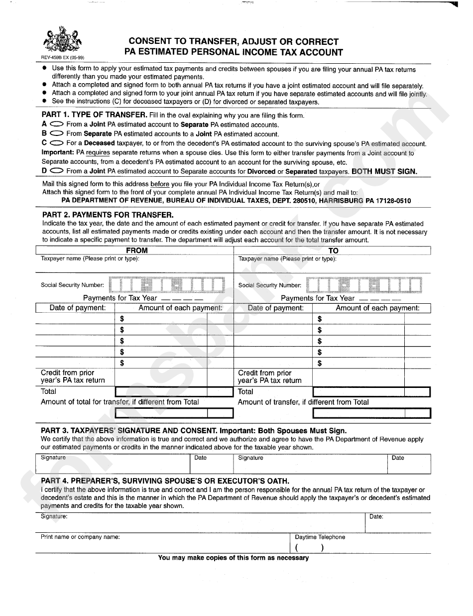 Form Rev-4598 - Consent To Transfer, Adjust Or Correct Pa Estimated Personal Income Tax Account