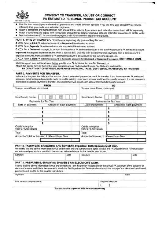 Form Rev-4598 - Consent To Transfer, Adjust Or Correct Pa Estimated Personal Income Tax Account Printable pdf