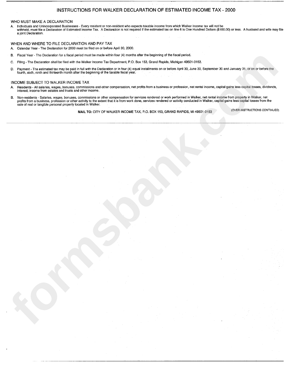 Instructions For Walker Declaration Of Estimated Income Tax - 2000