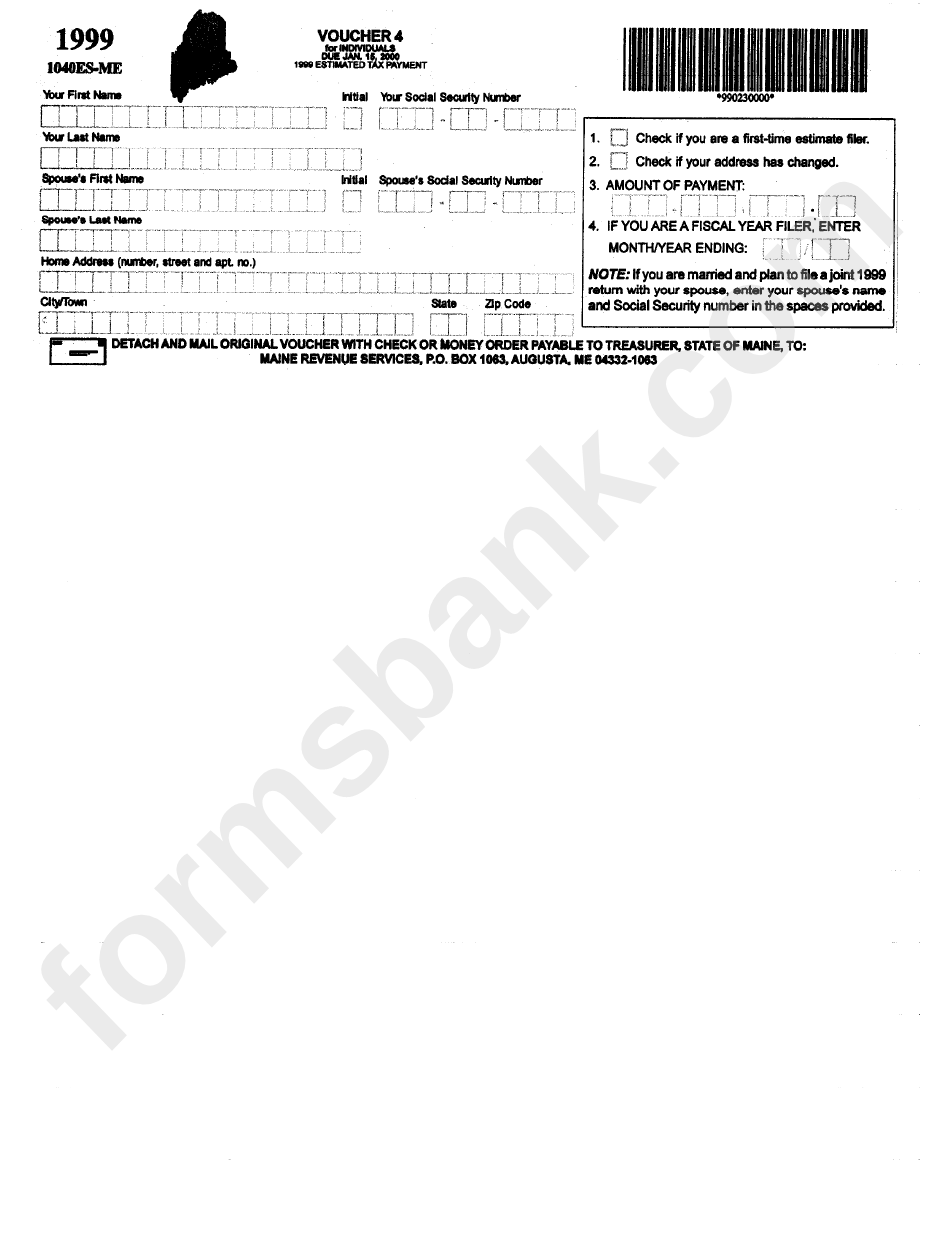 Form 1040es-Me - Voucher 1 For Individuals - Estimated Tax Payment