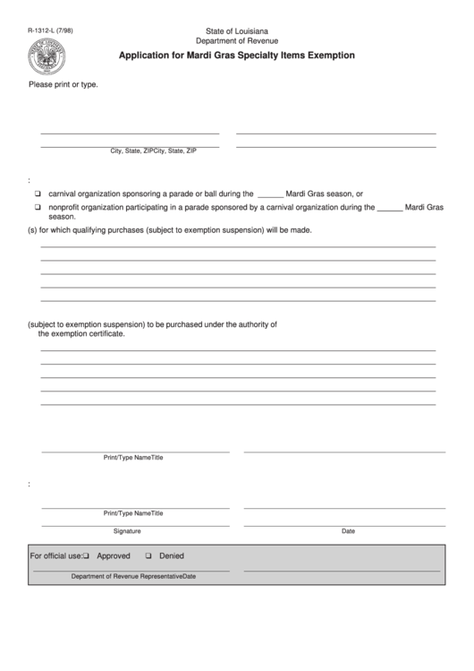 Fillable Form R-1312-L - Application For Mardi Gras Specialty Items Exemption Printable pdf