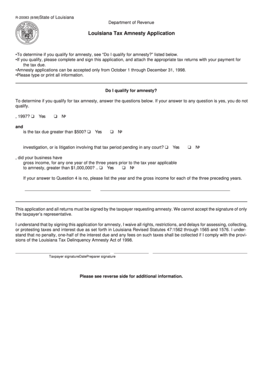 Fillable Form R-20083 - Louisiana Tax Amnesty Application - State Of Louisiana Printable pdf
