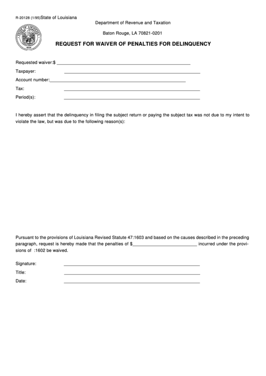 Fillable Form R-20128 - Request For Waiver Of Penalties For Delinquency - 1995 Printable pdf