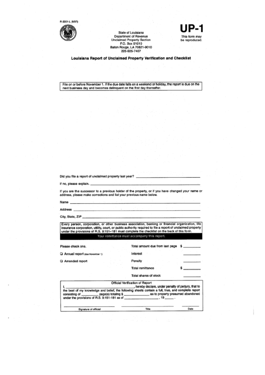 Fillable Form R-3001-L - Louisiana Report Of Unclaimed Property Verification And Checklist - State Of Louisiana Printable pdf