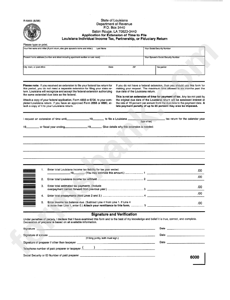 Form R-6465 - Application For Extension Of Time To File Louisiana Individual Income Tax, Partnership, Or Fiduciary Return