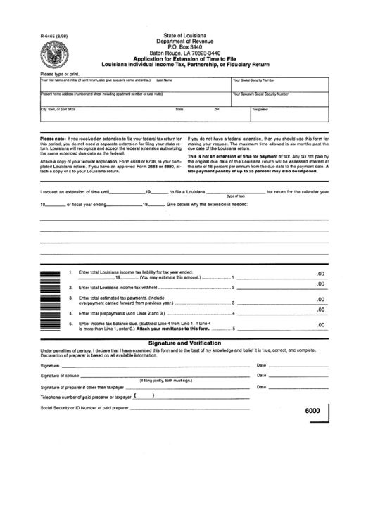 Fillable Form R-6465 - Application For Extension Of Time To File Louisiana Individual Income Tax, Partnership, Or Fiduciary Return Printable pdf