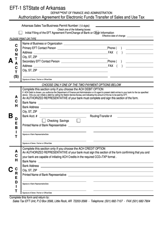 Fillable Form Eft-1 St - Authorization Agreement For Electronic Funds Transfer Of Sales And Use Tax Printable pdf