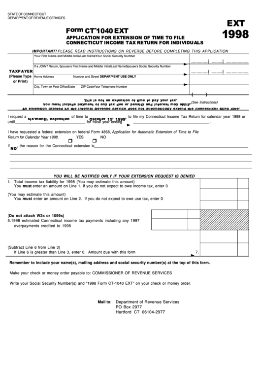 Fillable Form Ct-1040 Ext - Application For Extension Of Time To File Connecticut Income Tax Return For Individuals - 1998 Printable pdf