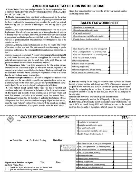 Form 31-007 - Iowa Sales Tax Amended Return Printable pdf