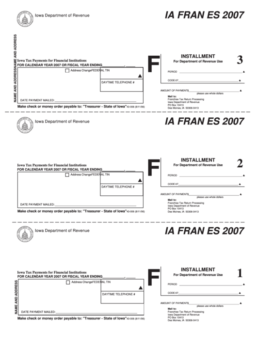Form Ia Fran Es - Iowa Tax Payments For Financial Institutions - 2007 Printable pdf