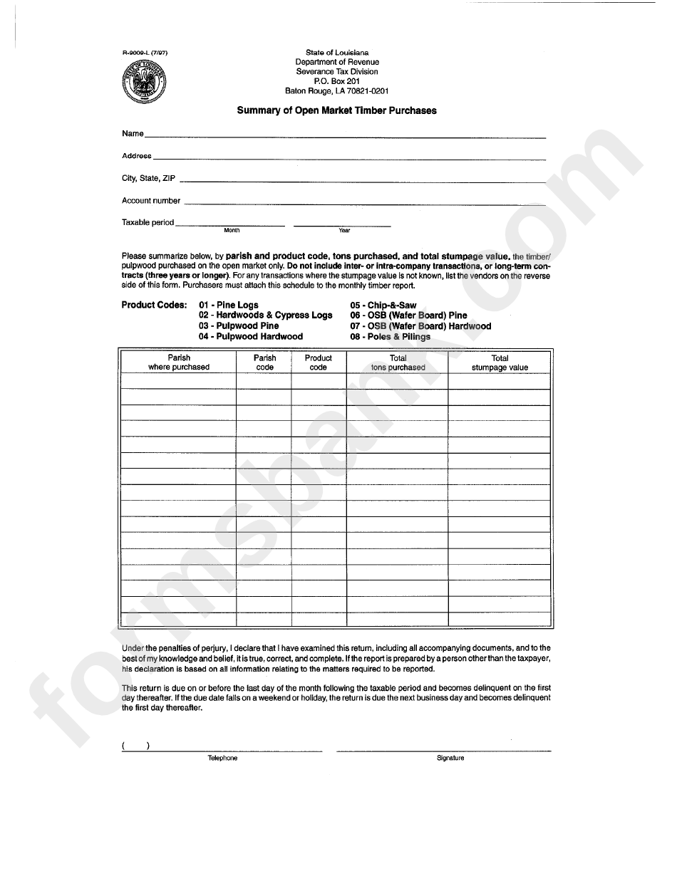 Form R-9009-L - Summary Of Open Market Timber Purchases - State Of Louisiana