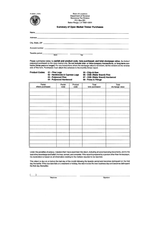 Fillable Form R-9009-L - Summary Of Open Market Timber Purchases - State Of Louisiana Printable pdf