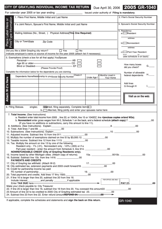 Form Gr-1040 - City Of Grayling Individual Income Tax Return - 2005 Printable pdf