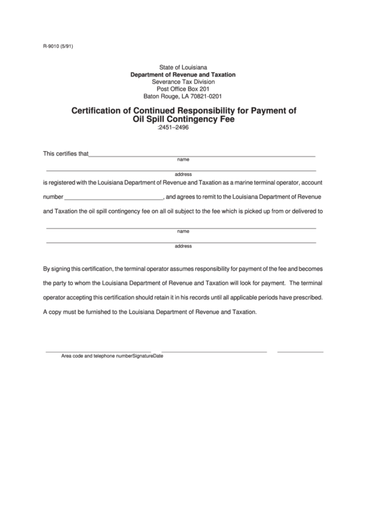 Fillable Form R-9010 - Certification Of Continued Responsibility For Payment Of Oil Spill Contingency Fee Printable pdf
