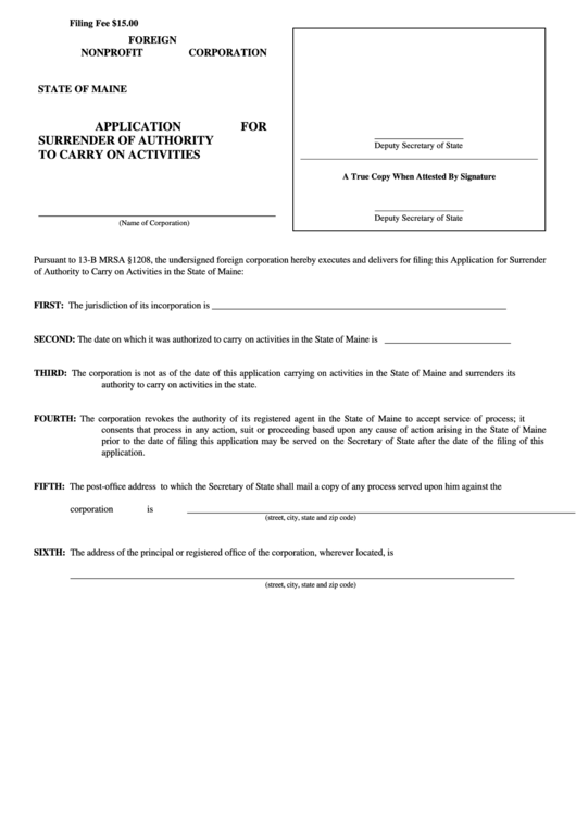 Form Mnpca-12b - Application For Surrender Of Authority To Carry On Activities - 2010 Printable pdf
