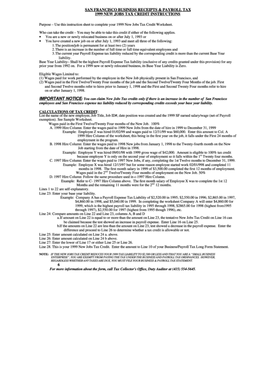 San Francisco Business Receipts & Payroll Tax 1999 New Jobs Tax Credit Instructions Printable pdf