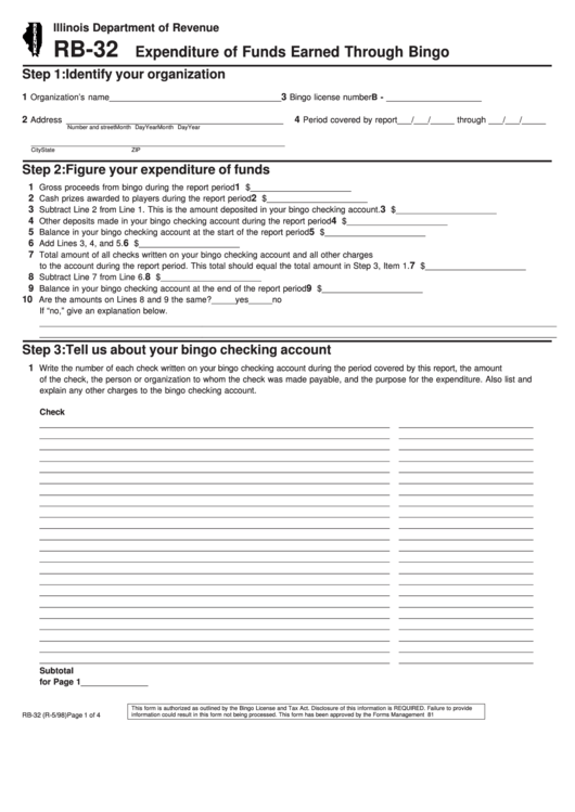 Fillable Form Rb-32 - Expenditure Of Funds Earned Through Bingo - Illinois Department Of Revenue 1998 Printable pdf