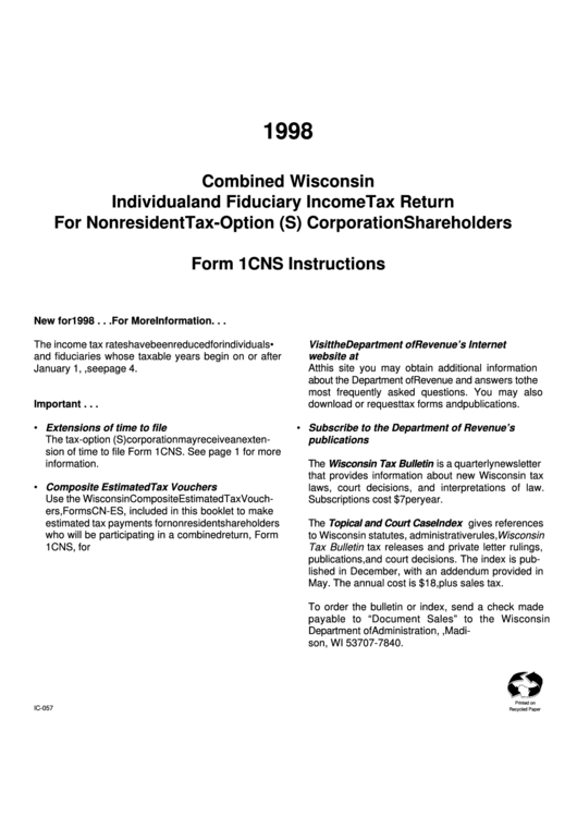Instructions For Combined Wisconsin Individual And Fiduciary Income Tax Return For Nonresident Tax-Option (S) Corporation Shareholders Form 1cns 1998 Printable pdf