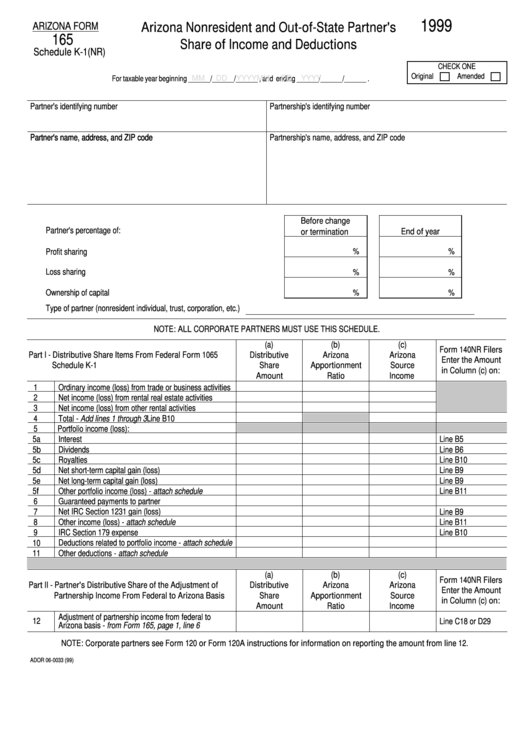 Form 165 (Schedule K-1(Nr)) - Arizona Nonresident And Out-Of-State Partner