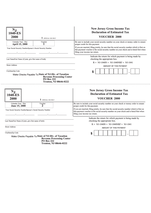 Form Nj 1040-Es - New Jersey Gross Income Tax Declaration Of Estimated Tax Voucher - 2000 Printable pdf