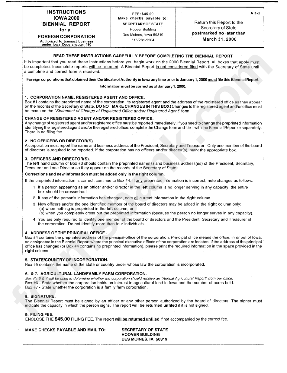 Instructions For Iowa Secretary Of State Biennial Report For A Foreign Corporation Form Ar-2 2000