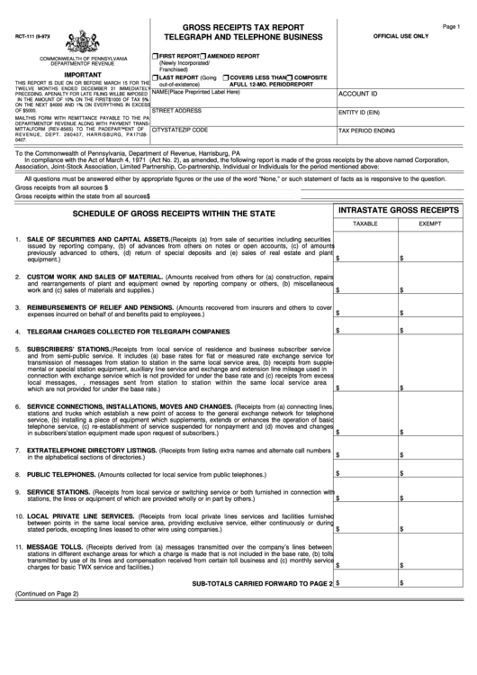 Fillable Form Rct-111 - Gross Receipts Tax Report Telegraph And Telephone Business - Commonwealth Of Pennsylvania Department Of Revenue Printable pdf